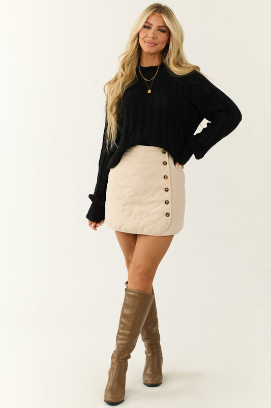 Black Ribbed High Neck Raglan Sweater for Women