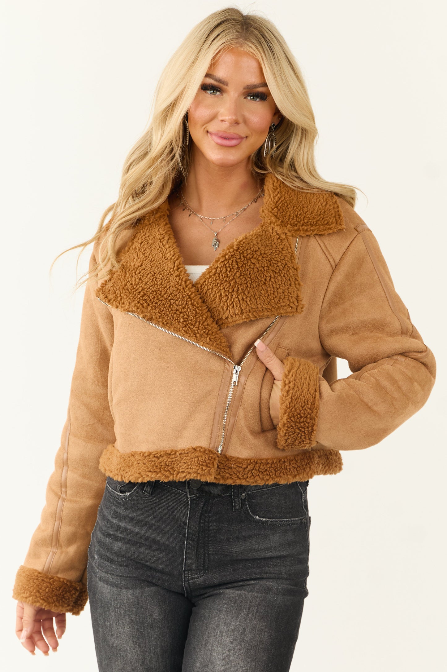 Cognac Sherpa Lined Faux Suede Jacket for Women