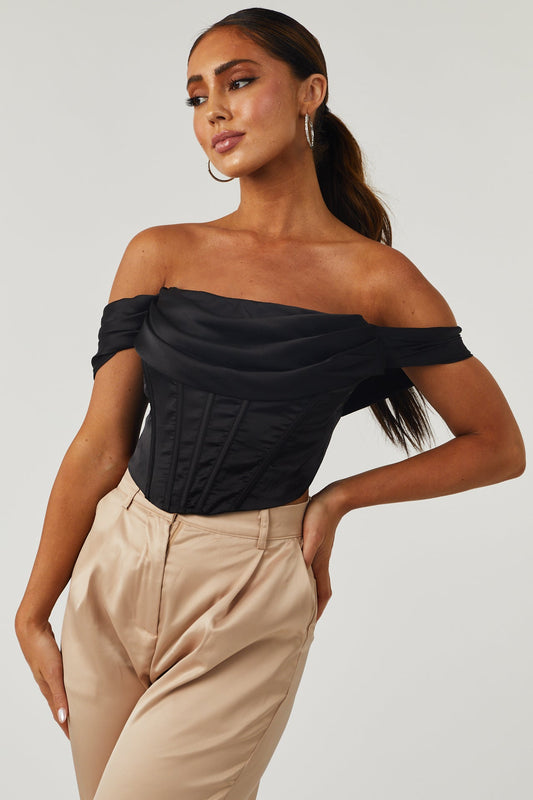 Black Ruched Off-Shoulder Satin Corset Top for Women
