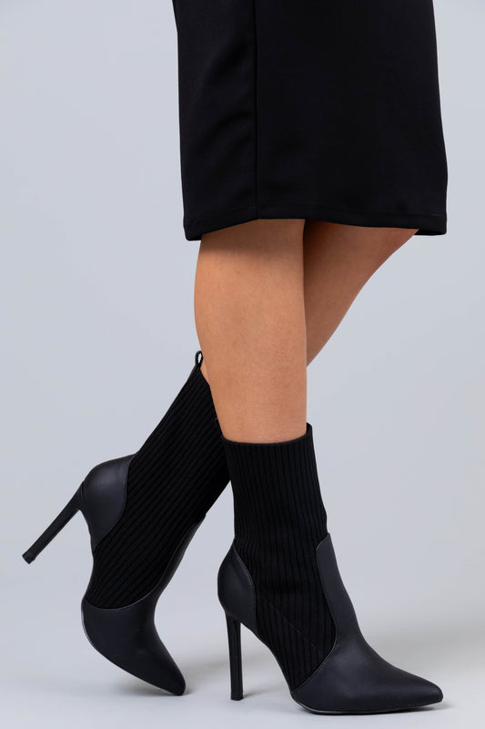 Black Ribbed Knit Pointed Toe High Heel Booties for Women