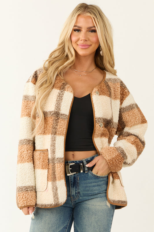 Cognac Plaid Sherpa Snap Button Jacket for Women