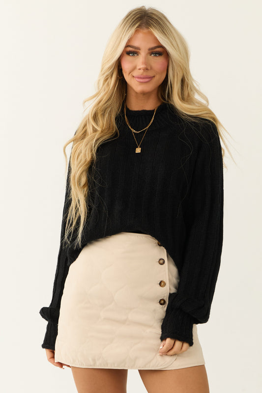 Black Ribbed High Neck Raglan Sweater for Women