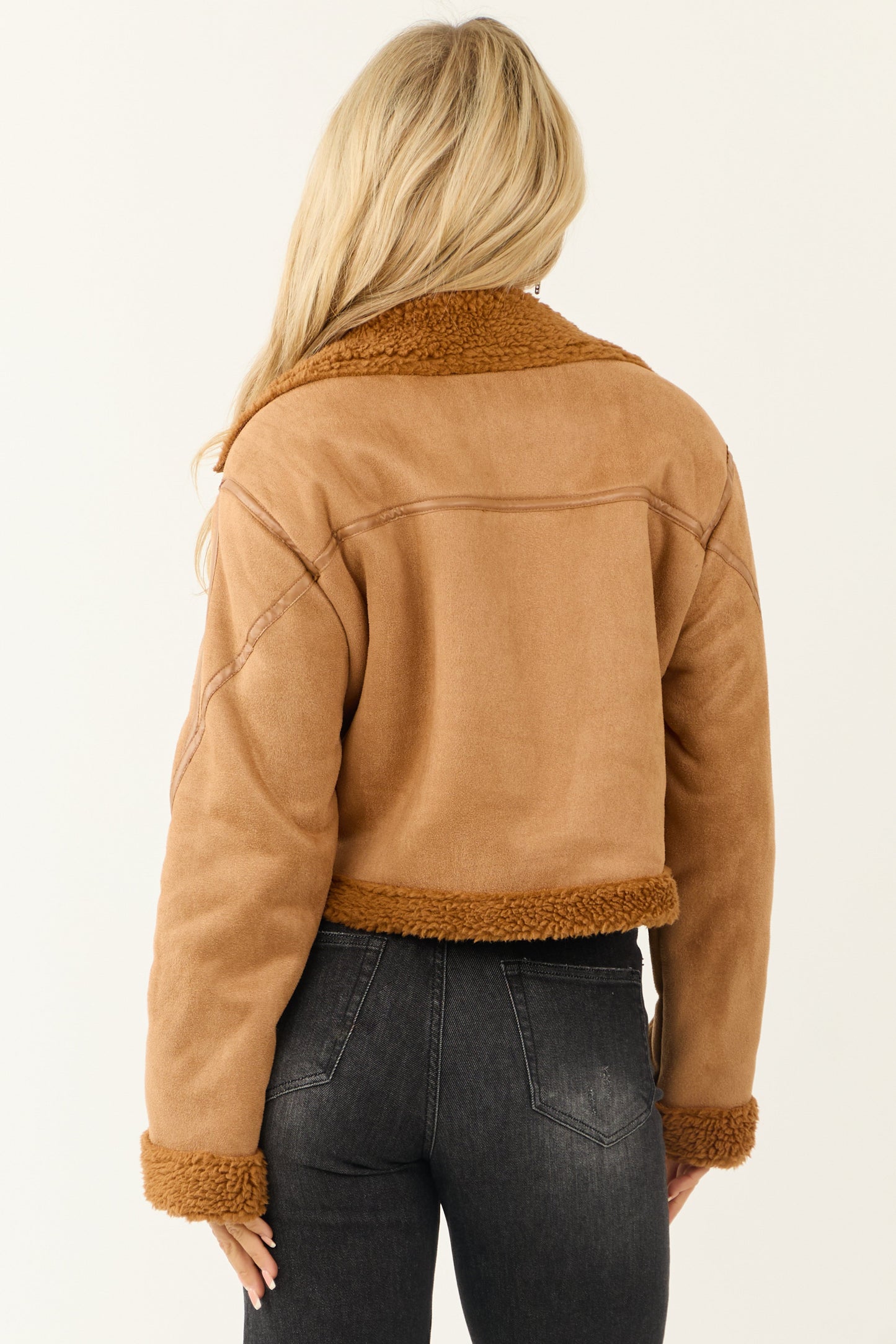 Cognac Sherpa Lined Faux Suede Jacket for Women