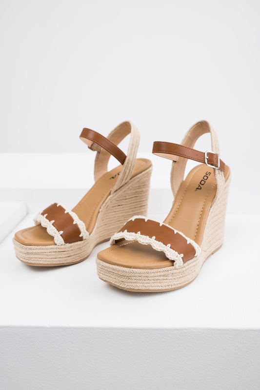 Cognac Crochet Trim Strap Espadrille Wedges for Women