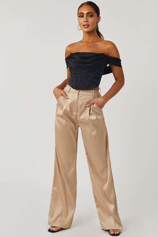 Black Ruched Off-Shoulder Satin Corset Top for Women