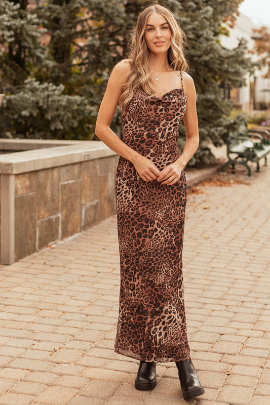 Cognac Leopard Print Sleeveless Maxi Dress for Women