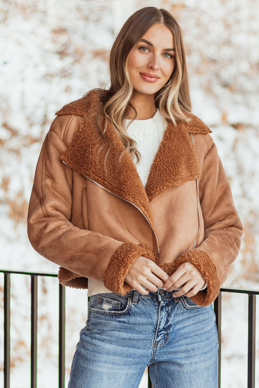 Cognac Sherpa Lined Faux Suede Jacket for Women
